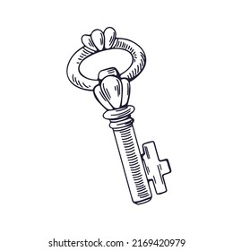 Vintage-styled drawing of old door key. Outlined contoured engraving, woodcut art of unlocking item. Black and white sketch of ancient forged object. Isolated etched handdrawn vector illustration