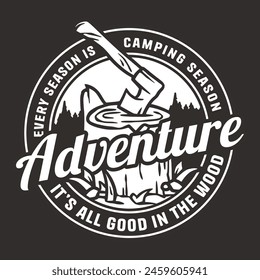 Vintage-styled emblem featuring line art depicting a camping scene with an axe and a log surrounded by mountains, trees.