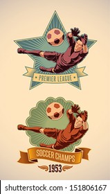 Vintage-styled soccer championship label including an image of goalkeeper. Editable vector.