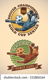 Vintage-styled soccer champs labels including an image of goalkeeper. Editable vector.