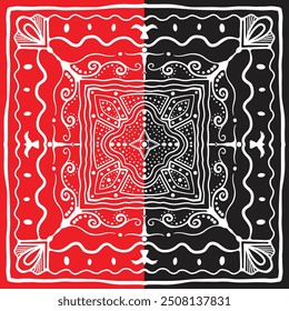 Ein Vintage-thematisches Bandana-Muster mit einem eleganten klassischen Design. Das Motiv besteht aus kleinen Blumenelementen, aufwändigen Paisley-Ornamenten und kreisförmigen Linien, die sich harmonisch vermischen. Die dominanten Farben 