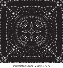 Ein Vintage-thematisches Bandana-Muster mit einem eleganten klassischen Design. Das Motiv besteht aus kleinen Blumenelementen, aufwändigen Paisley-Ornamenten und kreisförmigen Linien, die sich harmonisch vermischen. Die dominanten Farben 