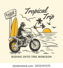 Vintage-themed logo and poster design featuring a motorcyclist riding along the beach with a surfboard, tropical palm trees, a setting sun, and a retro aesthetic, ideal for motorcycle and surfing club