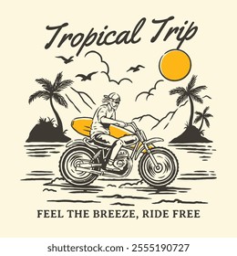 Vintage-themed logo and poster featuring a motorcyclist with a surfboard riding through a tropical beach scene with palm trees, a setting sun, and birds