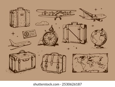 Eine Reise-Illustration zum Thema Vintage, die Gepäck, Flugzeuge, einen Kompass, eine Weltkarte und einen Globus im skizzenhaften Retro-Stil zeigt