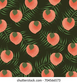 Vintage,tropical summer pattern with pink peaches,apricots and palm leaves.Trendy pattern with peach emoticon.For textile,texture,prints,fabric,wallpaper,t-shirt design.Vector illustration.