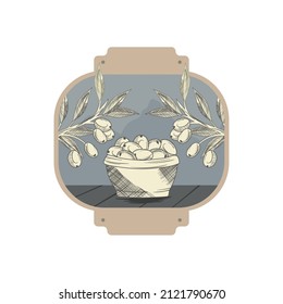 vintange label with olive basket over white