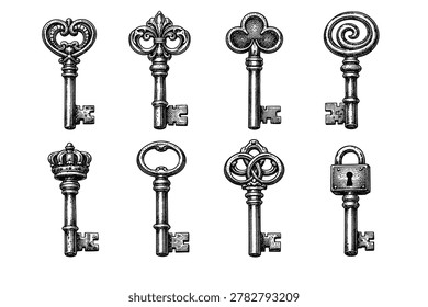 Vintave retro key icon set engrave style