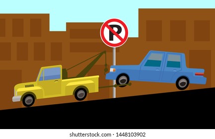 vintege tow truck and car, city landscape, no parking sign, vector illustration 