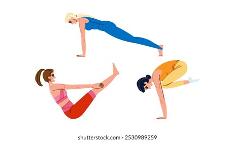 vinyasa yoga exercises vector. hatha pranayama, meditation balance, strength flow vinyasa yoga exercises character. people flat cartoon illustration