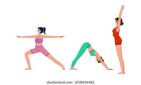 vinyasa yoga exercises vector. hatha pranayama, meditation balance, strength flow vinyasa yoga exercises character. people flat cartoon illustration