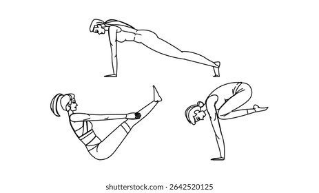 vinyasa yoga exercises vector. hatha pranayama, meditation balance, strength flow vinyasa yoga exercises character. people black line pencil drawing illustration