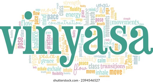 Vinyasa Yoga palabra nube diseño conceptual aislado en fondo blanco.