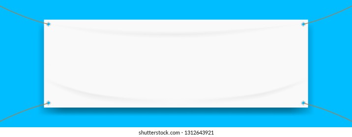 vinyl banner blank white isolated on blue backgrounds, white mock up textile fabric empty for banner advertising stand hanging, indoor outdoor fabric mesh vinyl backdrop for presentation frame poster