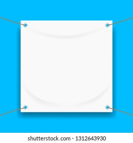 vinyl banner blank white isolated on square blue frame, white mock up textile fabric empty for banner advertising stand hanging, indoor outdoor fabric mesh vinyl backdrop for presentation frame poster