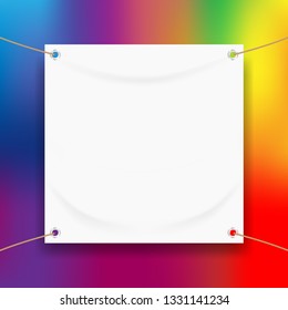 vinyl banner blank white isolated on colorful art background, white mock up textile fabric empty for banner advertising stand hanging, indoor outdoor fabric vinyl on colored paint rainbow colors frame