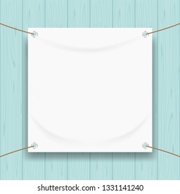 vinyl banner blank white isolated on pastel wood frame, white mock up textile fabric empty for banner advertising stand hanging, indoor outdoor fabric mesh vinyl backdrop for presentation frame poster