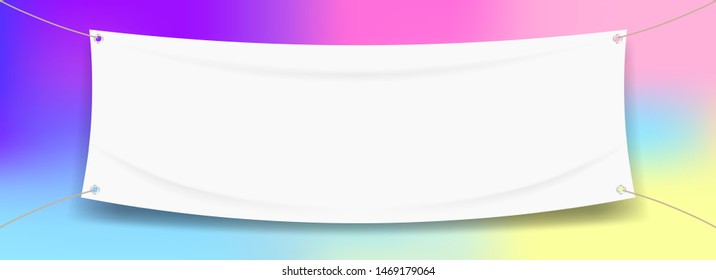 vinyl banner blank white isolated on colorful art background, white mock up textile fabric empty for banner advertising stand hanging, indoor outdoor fabric vinyl on colored paint rainbow colors frame