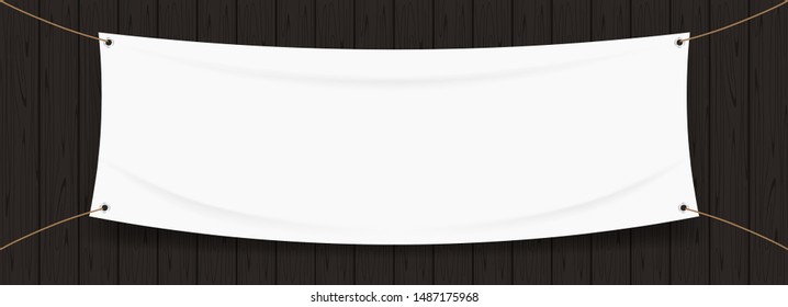 vinyl banner blank white isolated on black wood frame, white mock up textile fabric empty for banner advertising stand hanging, indoor outdoor fabric mesh vinyl backdrop for presentation poster