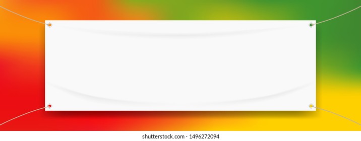 vinyl banner blank white isolated on colorful art background, white mock up textile fabric empty for banner advertising stand hanging, indoor outdoor fabric vinyl on colored paint rainbow colors frame
