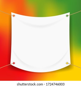 vinyl banner blank white isolated on colorful art background, white mock up textile fabric empty for banner advertising stand hanging, indoor outdoor fabric vinyl on colored paint rainbow colors frame