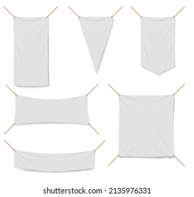 Vinyl banners 3d vector mockup, white fabric awnings stretched on flex. Blank canvas of square, triangular and rectangular shape for street advertising, tent or posters mock up, Realistic illustration