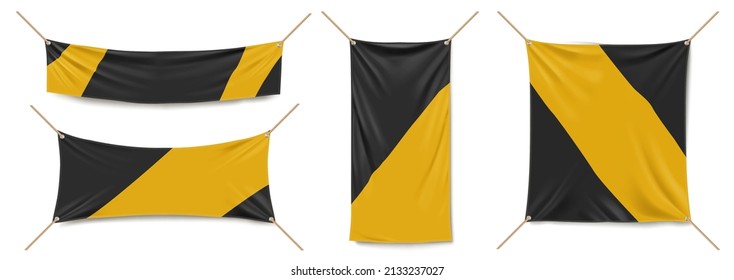 Vinyl banners, canvas posters hanging with ropes template. Vector realistic set of black and yellow fabric advertising streamers. Mockup of empty textile placards isolated on white background