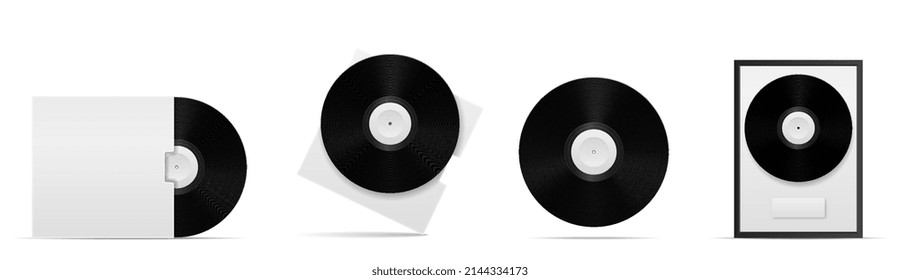 Vinyl black record. Collection of best songs, award for fans. Creativity of musicians, band or group. Set of stickers for social media. Realistic flat vector illustrations isolated on white background