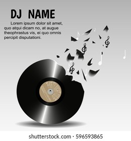Vinyl breaks into pieces and notes,on a light background. Designed for flyers, invitations, advertising poster night club, or a DJ. Vector illustration.