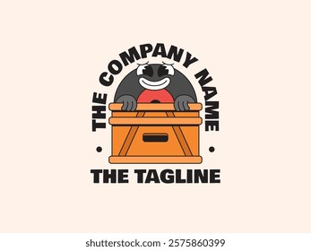 Vinyl character peeking behind a box cartoon retro vintage mascot illustration character vector clip art logo hand drawn