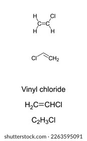 Vinyl chloride, vinyl chloride monomer VCM, or chloroethene, chemical formula and structure. Organochloride and important chemical compound to produce PVC. Carcinogenic, flammable gas with sweet odor.