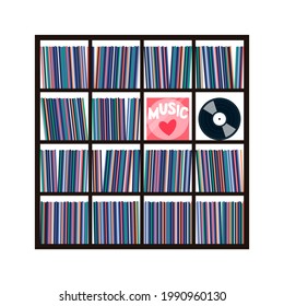 Vinyl collection on shelves. Stacks of music records in sleeves for turntable. Vector