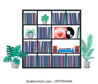 Vinyl collection on shelves with turntable and acoustic system. Stacks of music records in sleeves. Interior with home plants. Vector