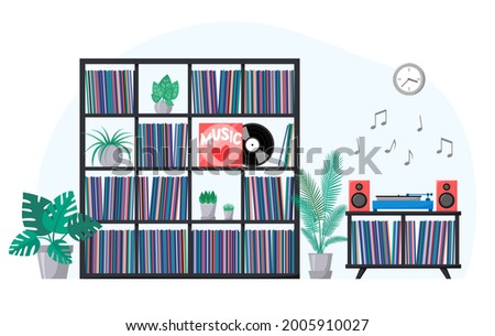 Vinyl collection on shelves and turntable playing vinyl record. Stacks of music records in sleeves. Interior with home plants and retro audio device with acoustic system. Analog music player. Vector