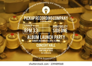 Vinyl cover or label design using as layout for concert poster of an album launch party 