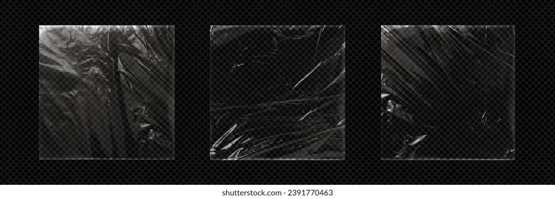 Vinyl cover with shrinks and transparent overlay effect. Realistic vector illustration set of square plastic package mockup - texture of cellophane or polythene seal wrapper with wrinkle and creases.
