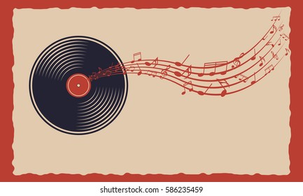 Vinyl with departing notes. Sound musical technology. Banner