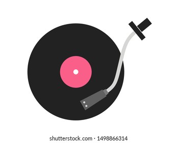 Vinyl disc and arm and head of record player. Minimalist vector illustration isolated on white.