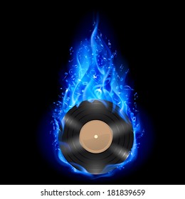 Vinyl disc burning in blue fire with notes. Bright illustration on black background.  