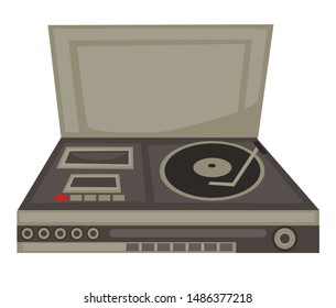 Vinyl disc and cassette player, DJ panel of 70s, buttons isolated object vector. 1970s disco party retro equipment, music and technologies development. Song or record play, vintage electric device