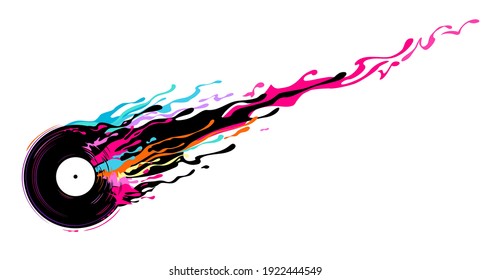 Vinyl disc with color splash, interior design, comet, rave party