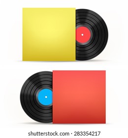 The vinyl disc and colored paper case on the white background
