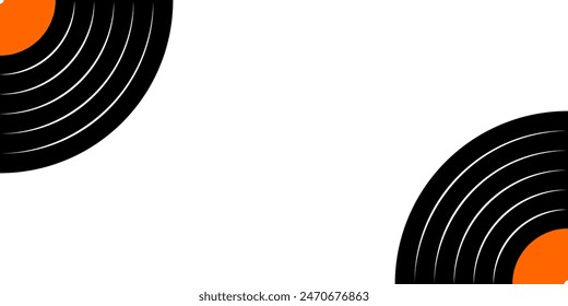 Vinyl disc in corners on white background with empty space. LP or long play music records banner. DJ techno or disco party concept. 70s 80s 90s discotheque nostalgia wallpaper. Vector illustration.