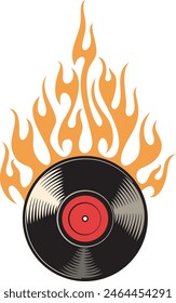 Vinyl Disc in Flame (Burning Vinyl Record). Vector Illustration. 