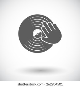 Vinyl disc with hand. Single flat icon on white background. Vector illustration.