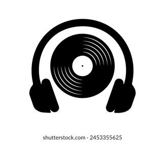 Vinyl disc with headphones icon. Turntable LP disk and earphones isolated on white background. DJ equipment for night club discotheque party. Listen to music concept. Vector graphic illustration.