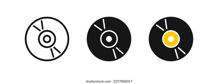 Vinyl disc icon. Compact disk symbol. Record music signs. Turntable symbols. Retro  album icons. Black, yellow color. Vector isolated sign.