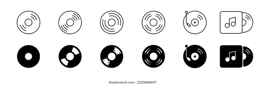 Vinyl disc icon set. Line and solid music vinyl disc icon