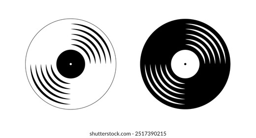 Ícones de disco de vinil. Gravações musicais de gramofone. Discos LP giratórios ou discos de música de reprodução longa isolados sobre fundo branco. Equipamento de DJ. 70s 80s discoteca nostalgia conceito. Ilustração gráfica vetorial.