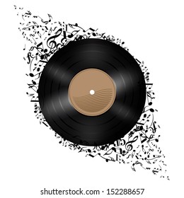 Vinyl disc with music notes flying out. Illustration on white background.